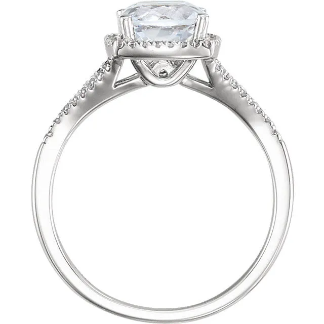 14K White Gold 7mm Cushion Cut Created White Sapphire & Diamond Halo Ring