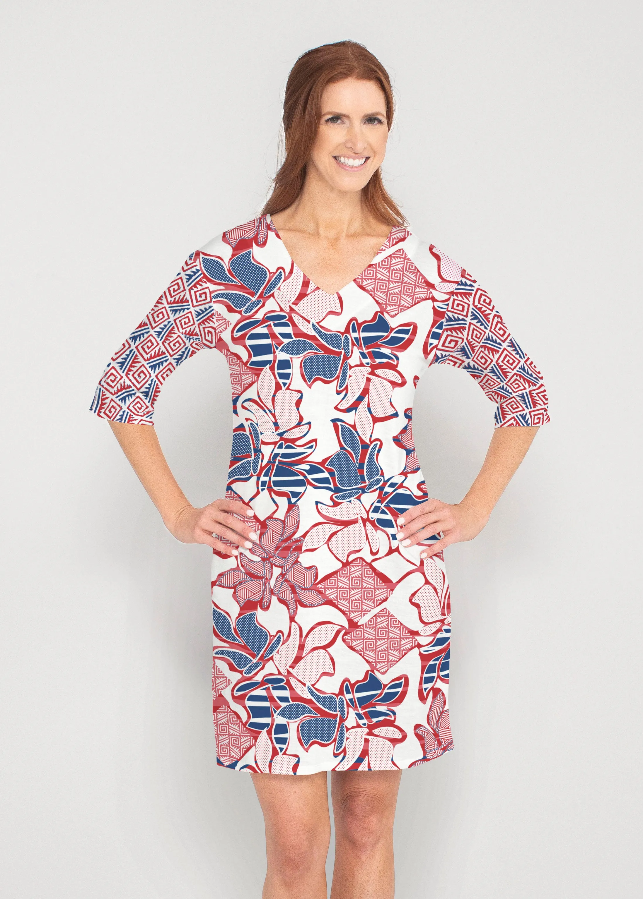 Aztek Sail Red-Blue (8130) ~ Lucy 3/4 Sleeve V-Neck Dress
