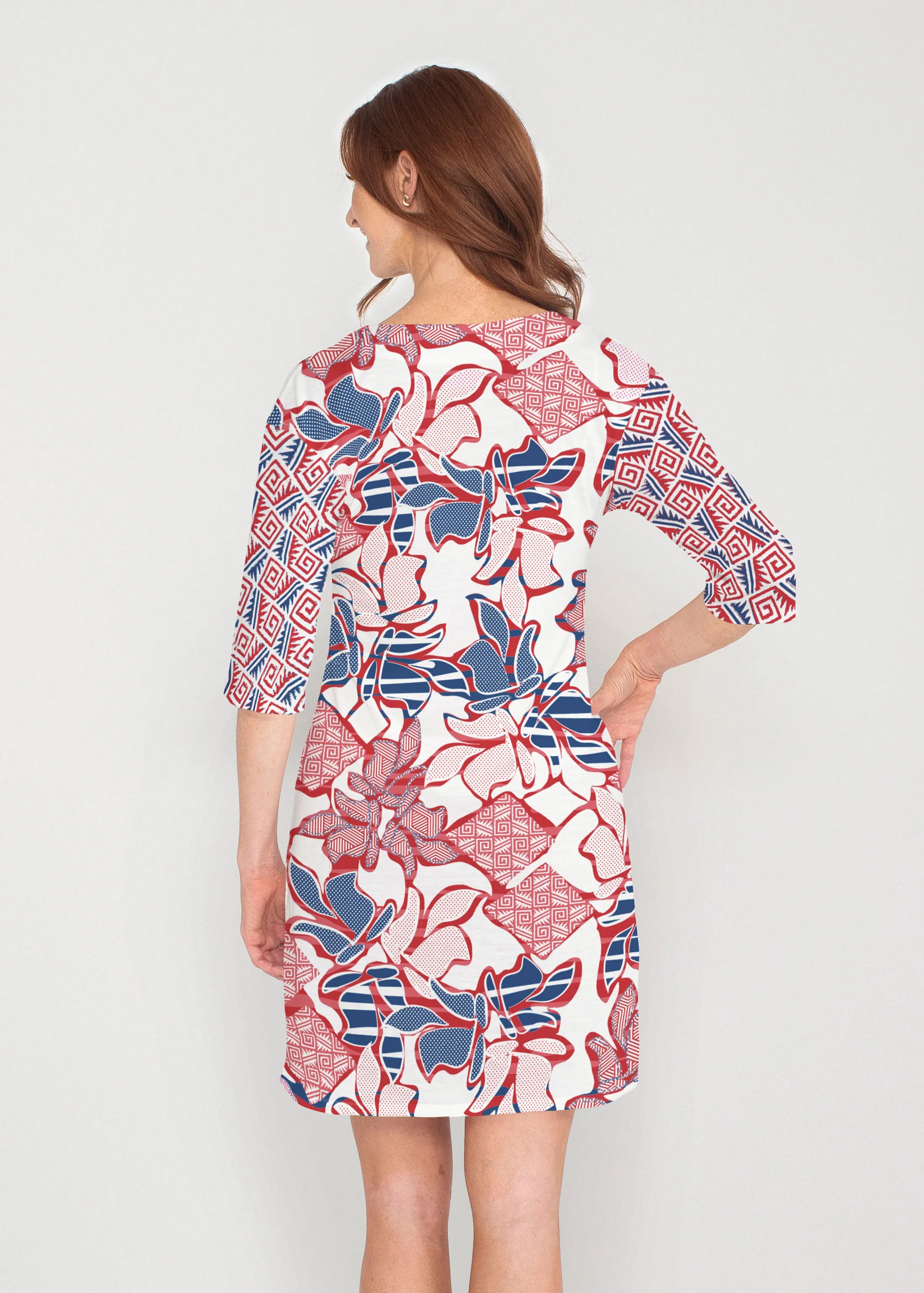 Aztek Sail Red-Blue (8130) ~ Lucy 3/4 Sleeve V-Neck Dress