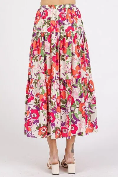 Coral Color Flower Print Elastic Waist Tiered Skirt