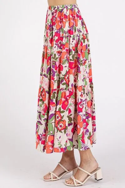 Coral Color Flower Print Elastic Waist Tiered Skirt