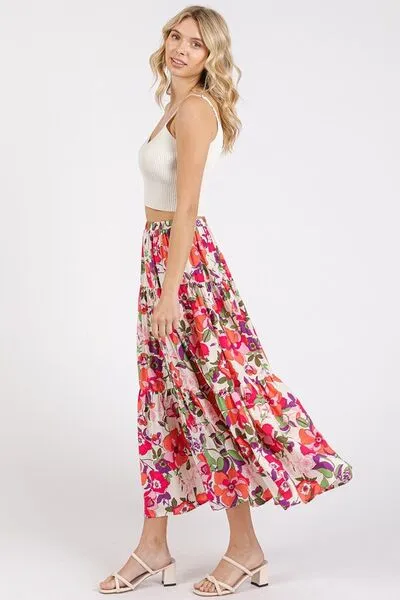 Coral Color Flower Print Elastic Waist Tiered Skirt