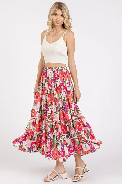 Coral Color Flower Print Elastic Waist Tiered Skirt