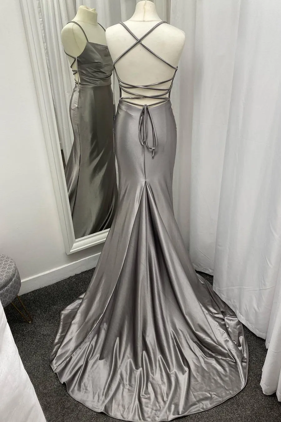 Criss Cross Back Grey Satin Long Prom Dress