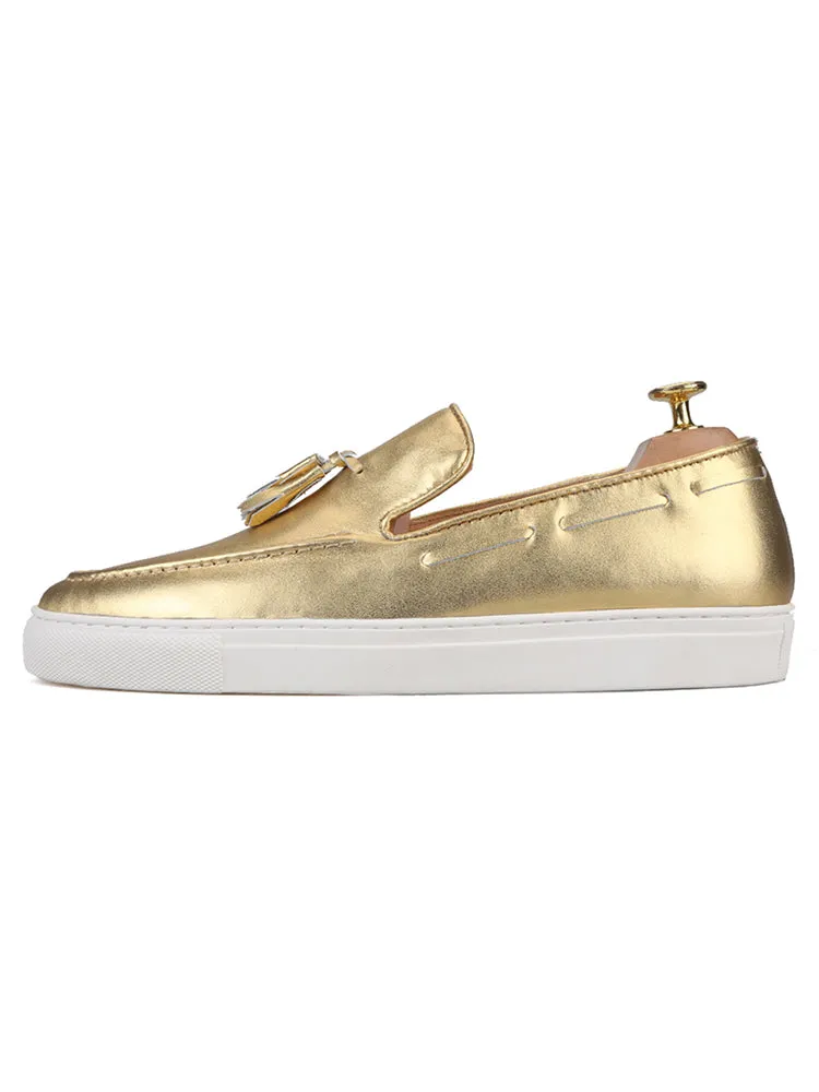 Exported to Europe and the United States, gold genuine cowhide men's sports and casual shoes, handmade tassel loafers, white thick-soled shoes
