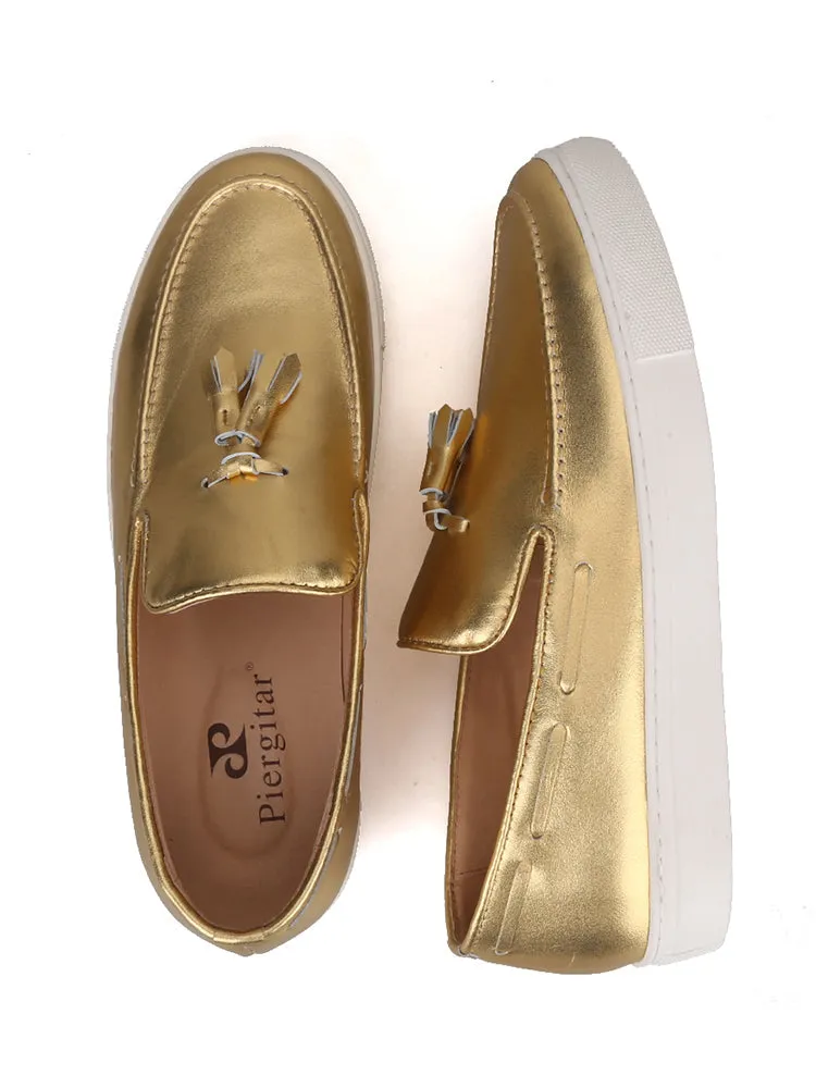 Exported to Europe and the United States, gold genuine cowhide men's sports and casual shoes, handmade tassel loafers, white thick-soled shoes