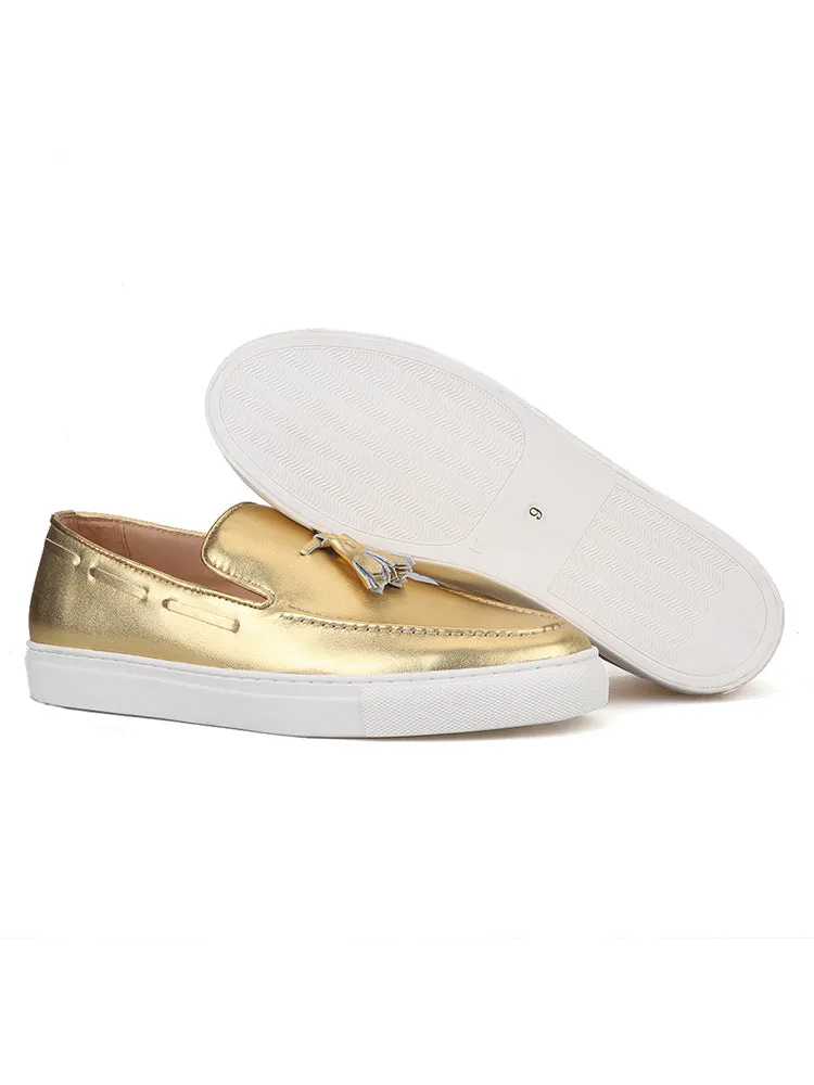 Exported to Europe and the United States, gold genuine cowhide men's sports and casual shoes, handmade tassel loafers, white thick-soled shoes