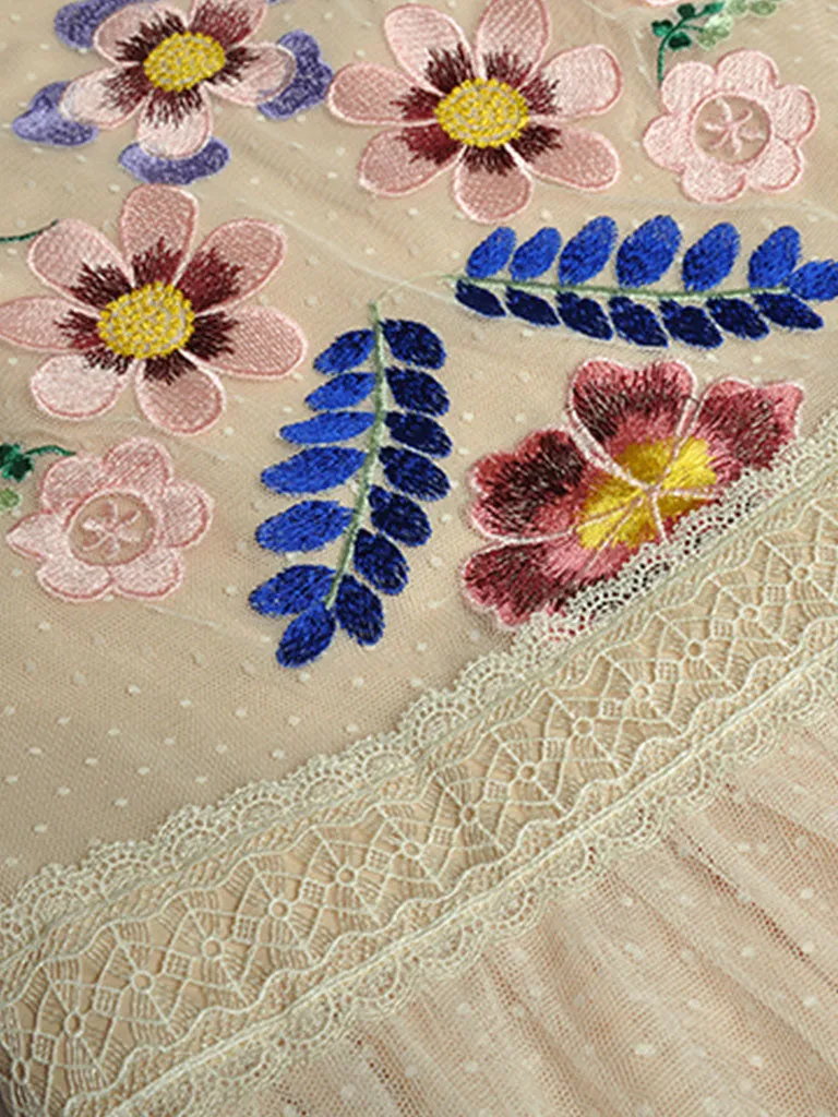 Flower Embroidered Crew Neck 1950s Vintage Party Dress