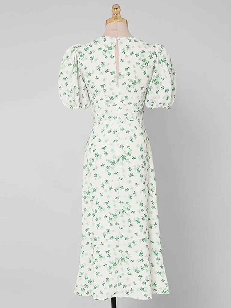 Green Grass Print Puff Sleeve 1950s Vintage Party Dress