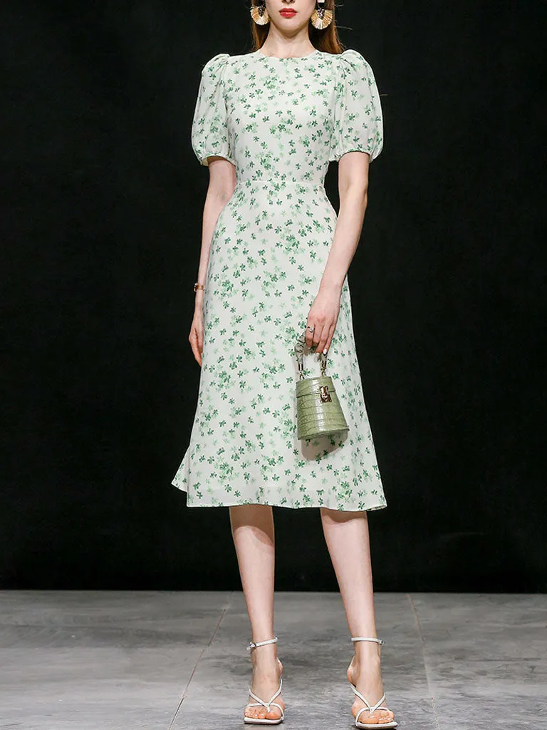 Green Grass Print Puff Sleeve 1950s Vintage Party Dress