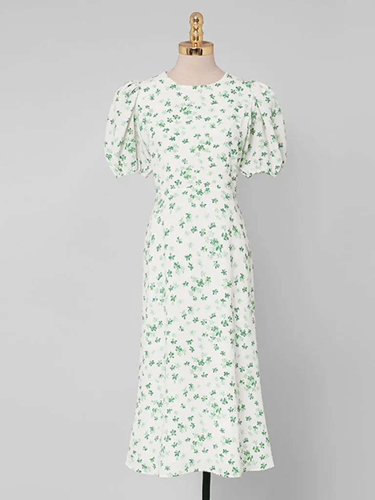 Green Grass Print Puff Sleeve 1950s Vintage Party Dress