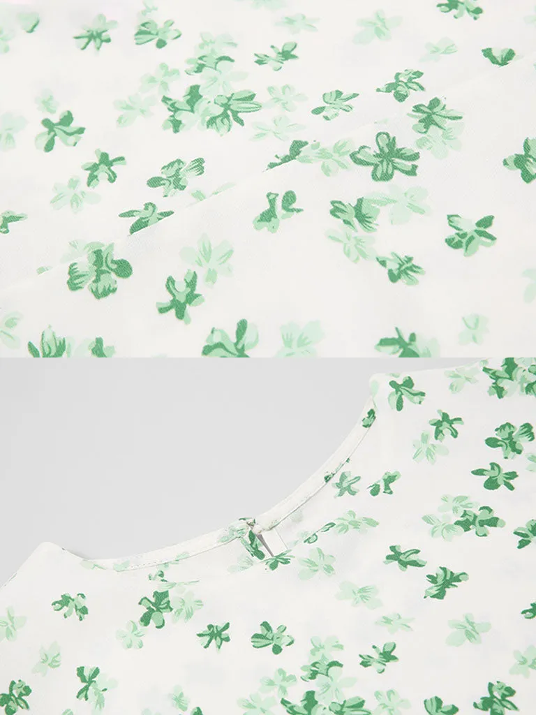 Green Grass Print Puff Sleeve 1950s Vintage Party Dress