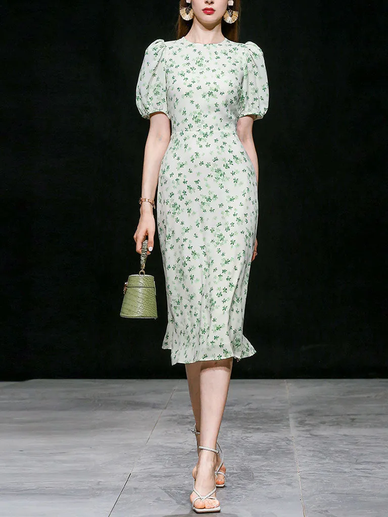 Green Grass Print Puff Sleeve 1950s Vintage Party Dress