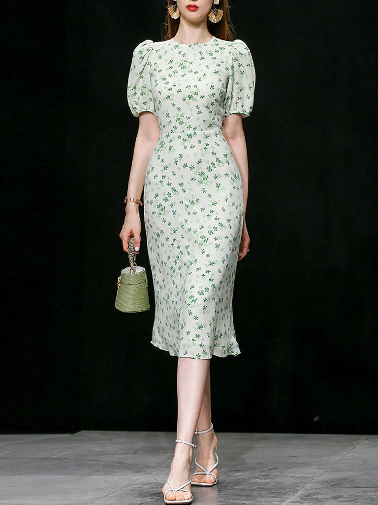 Green Grass Print Puff Sleeve 1950s Vintage Party Dress