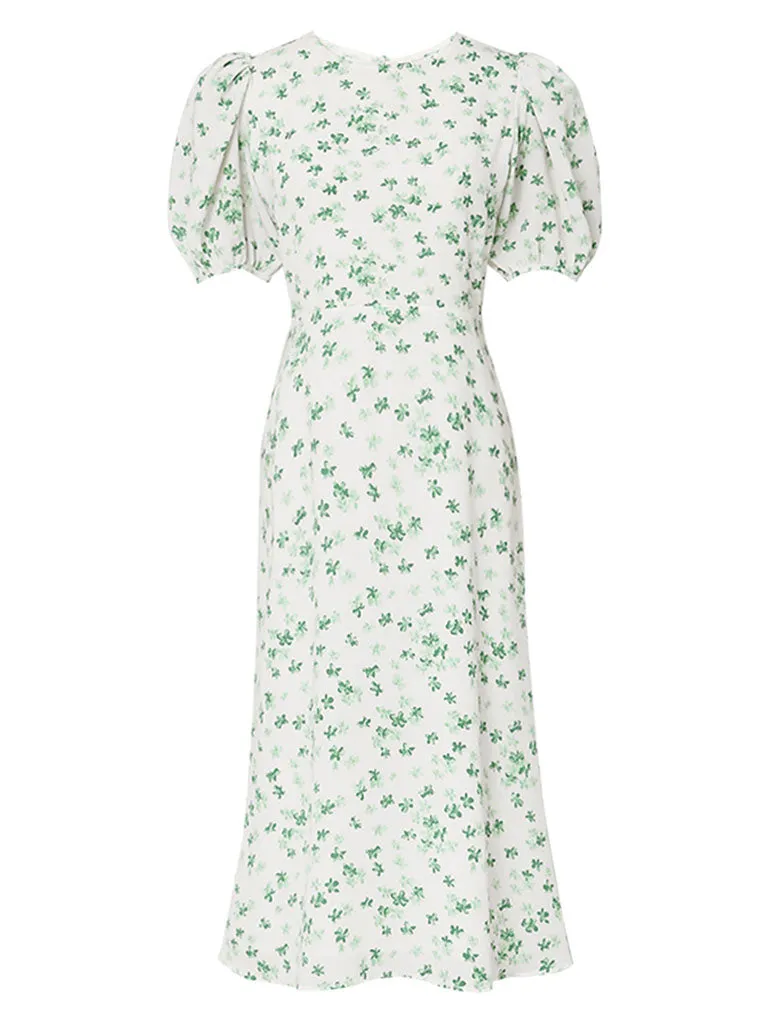 Green Grass Print Puff Sleeve 1950s Vintage Party Dress