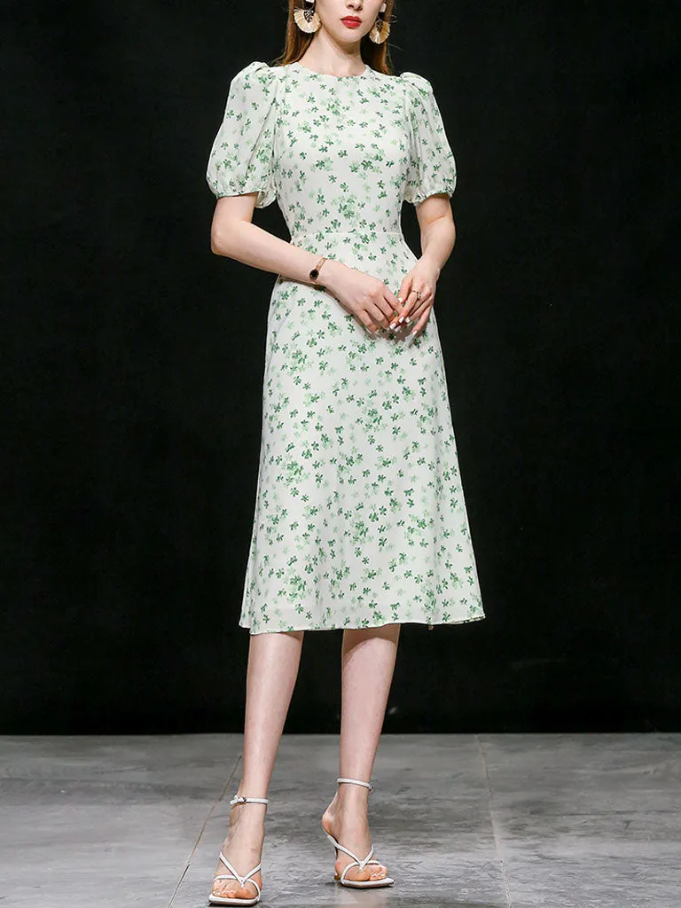 Green Grass Print Puff Sleeve 1950s Vintage Party Dress