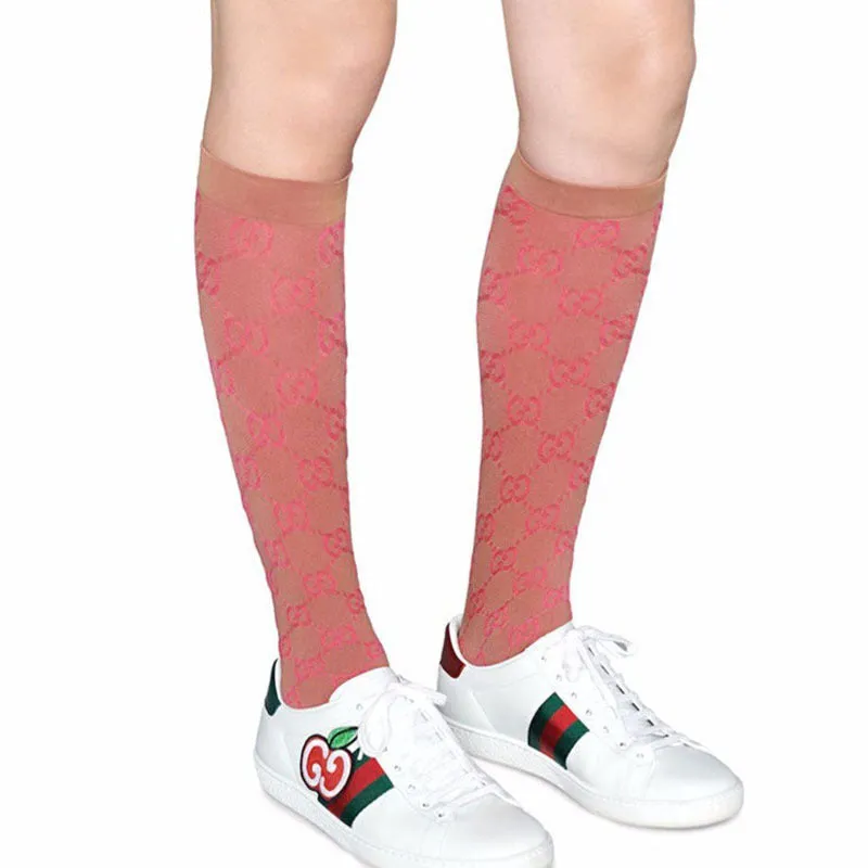 Gucci GG Lit Poppery Knee Socks in Pink and Beige