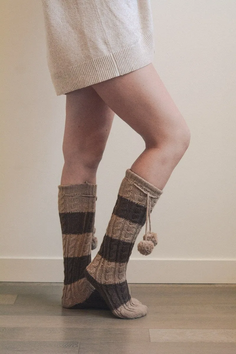 Knee High Striped Pom Socks