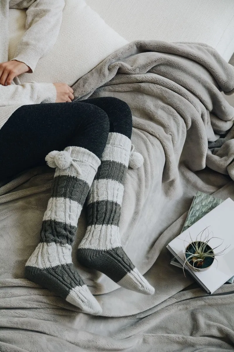 Knee High Striped Pom Socks