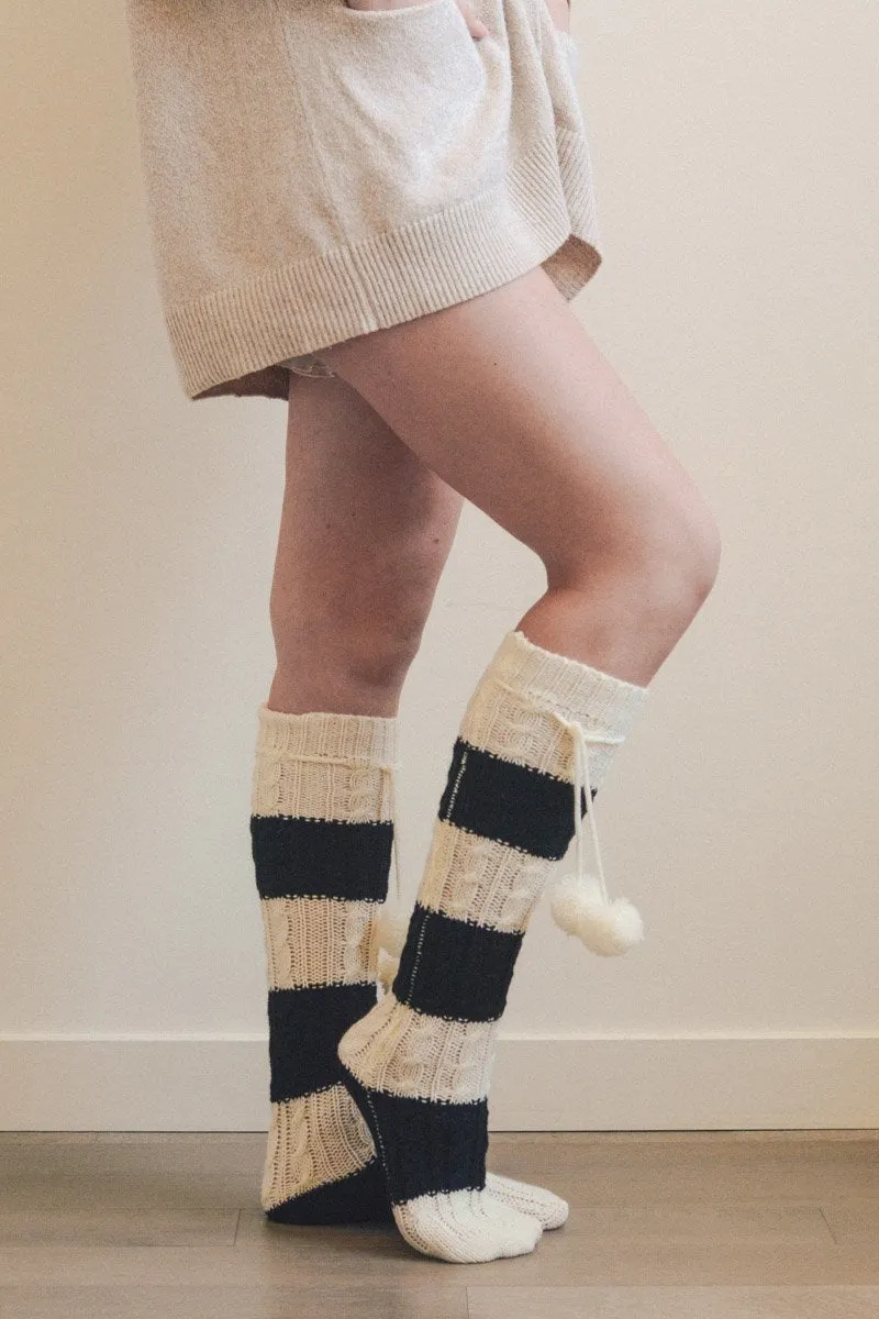 Knee High Striped Pom Socks