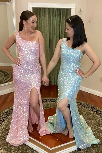 One Shoulder Pink High Slit Long Prom Dress