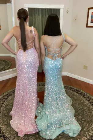 One Shoulder Pink High Slit Long Prom Dress