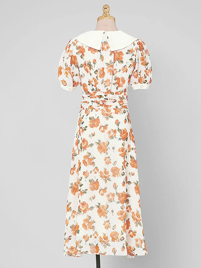 Orange Rose Chelsea Collar Puff Sleeve 1940S Dress