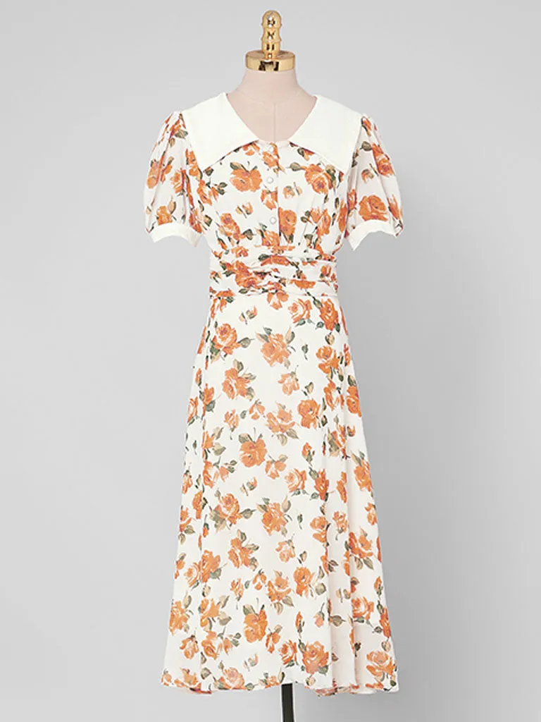 Orange Rose Chelsea Collar Puff Sleeve 1940S Dress