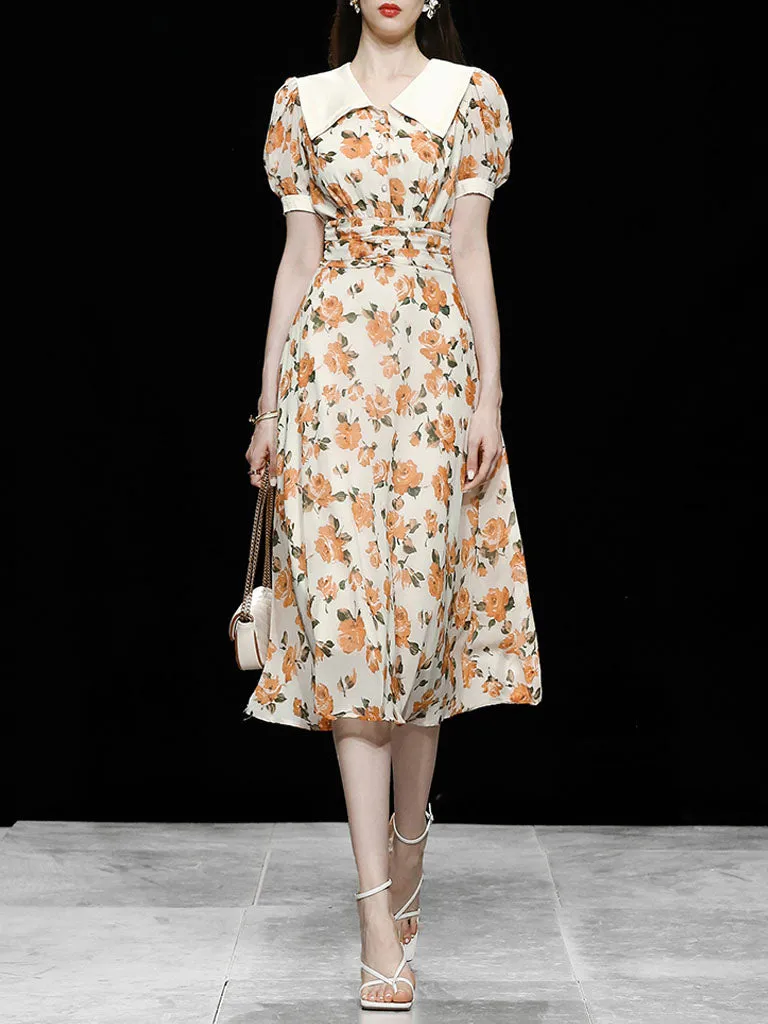 Orange Rose Chelsea Collar Puff Sleeve 1940S Dress