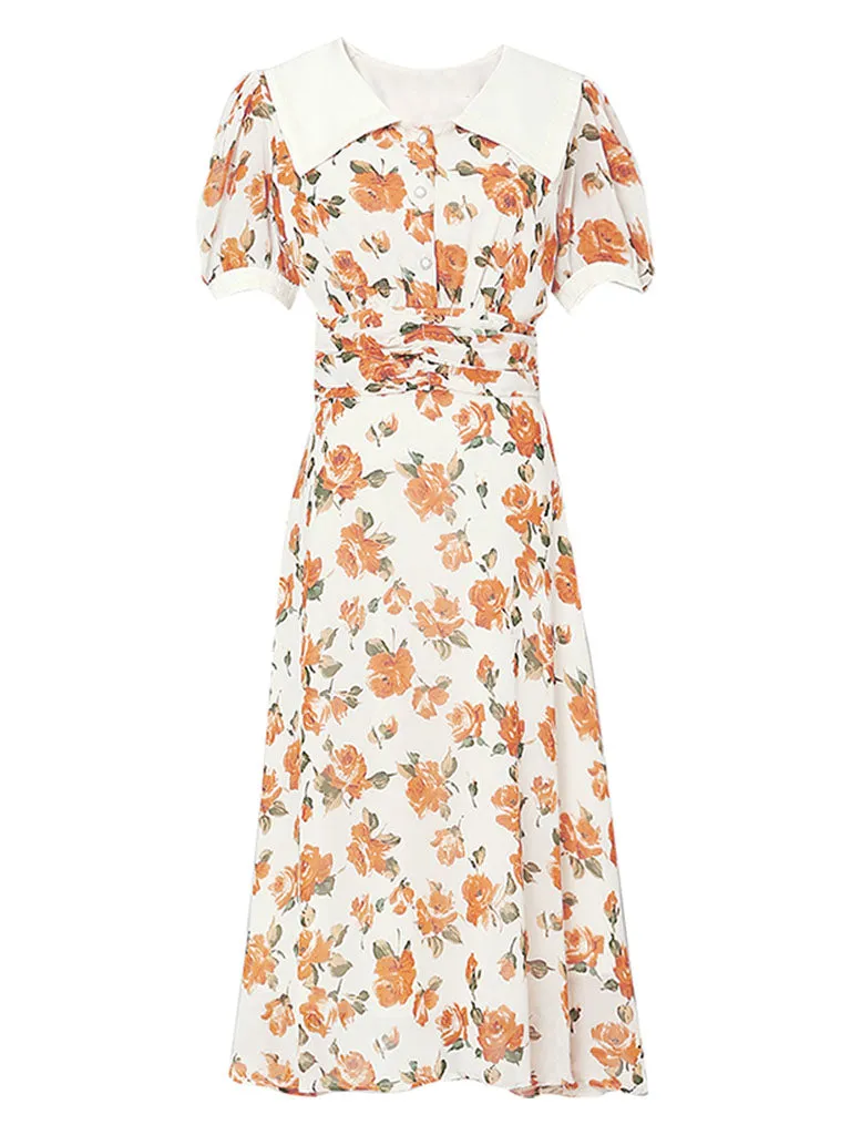 Orange Rose Chelsea Collar Puff Sleeve 1940S Dress