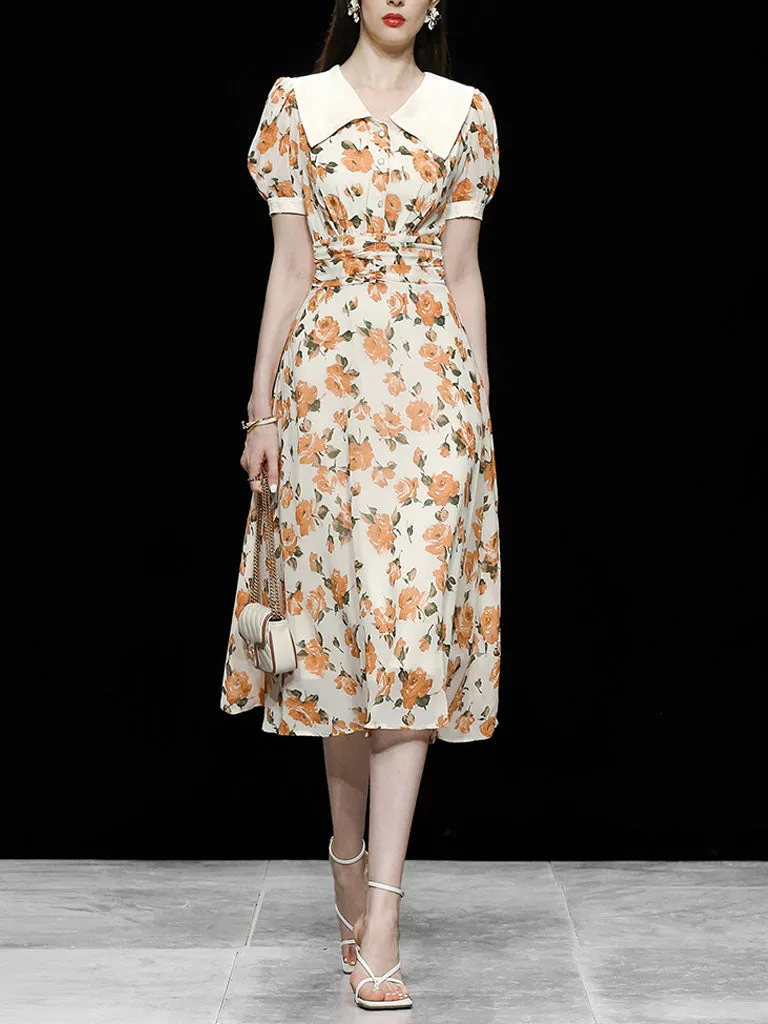 Orange Rose Chelsea Collar Puff Sleeve 1940S Dress