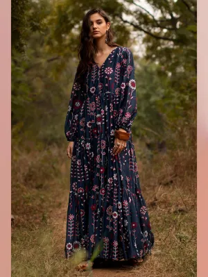 Payal Pratap   -   Dress Casey  I  Chanderi Tiered Dress With Peasant Sleeves And Embroidery All Over