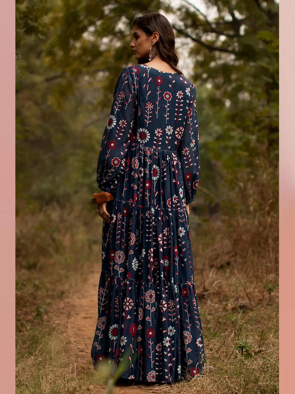 Payal Pratap   -   Dress Casey  I  Chanderi Tiered Dress With Peasant Sleeves And Embroidery All Over