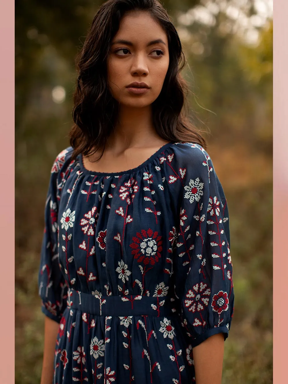 Payal Pratap   -   Dress Casey  I  Chanderi Tiered Dress With Peasant Sleeves And Embroidery All Over
