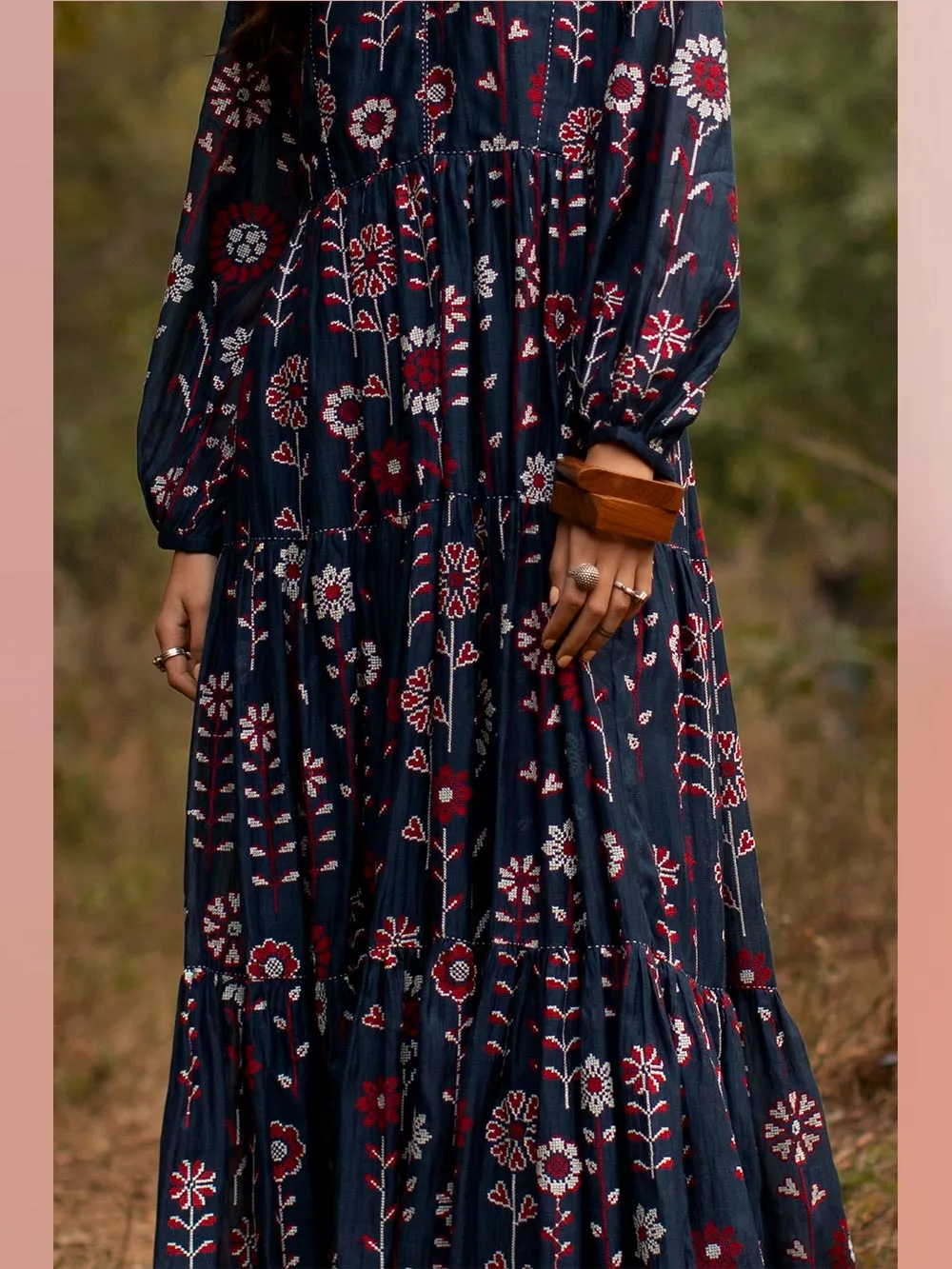 Payal Pratap   -   Dress Casey  I  Chanderi Tiered Dress With Peasant Sleeves And Embroidery All Over