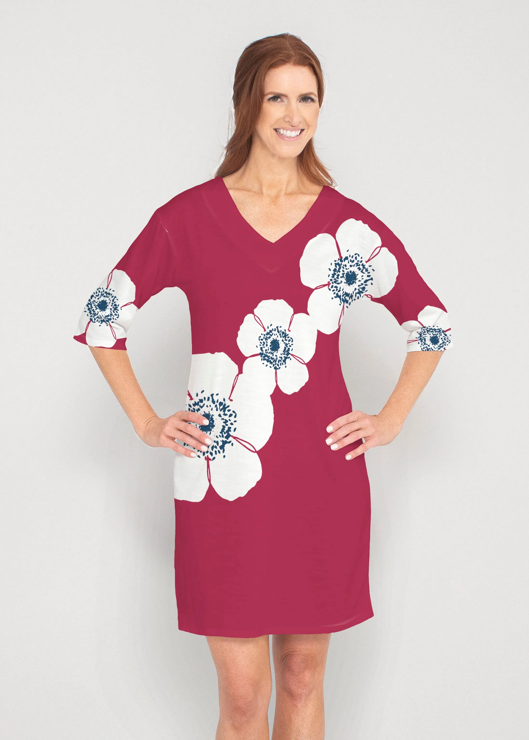 Poppy Red (7015) ~ Lucy 3/4 Sleeve V-Neck Dress