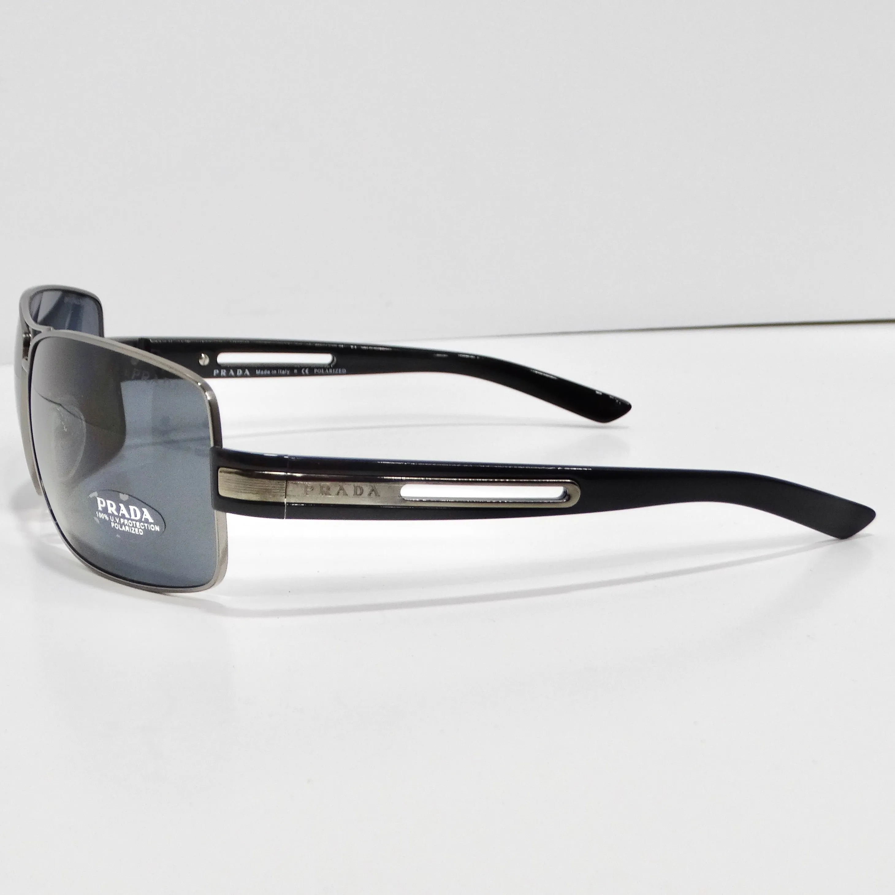 Prada 1990s Black Silver Tone Aviator Sunglasses