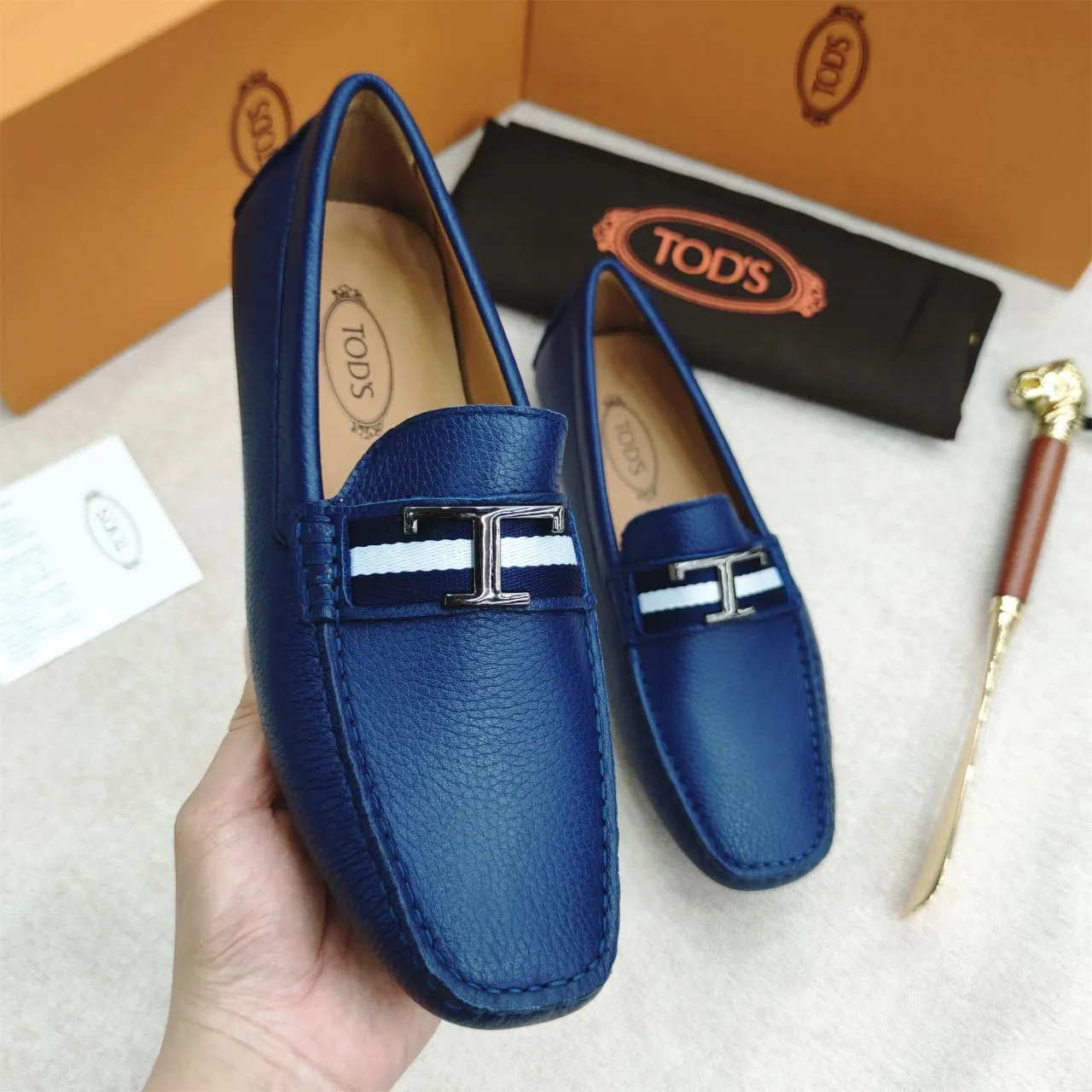 Premium Initial T Logo Navy Blue Loafers  For Men