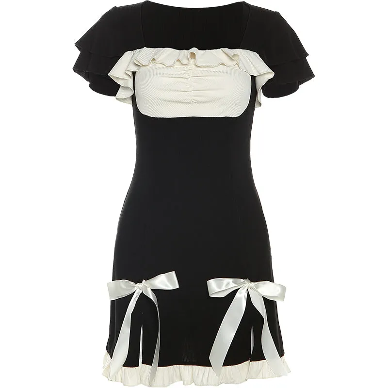 Ribbon Bow Ruffle Slim Dress