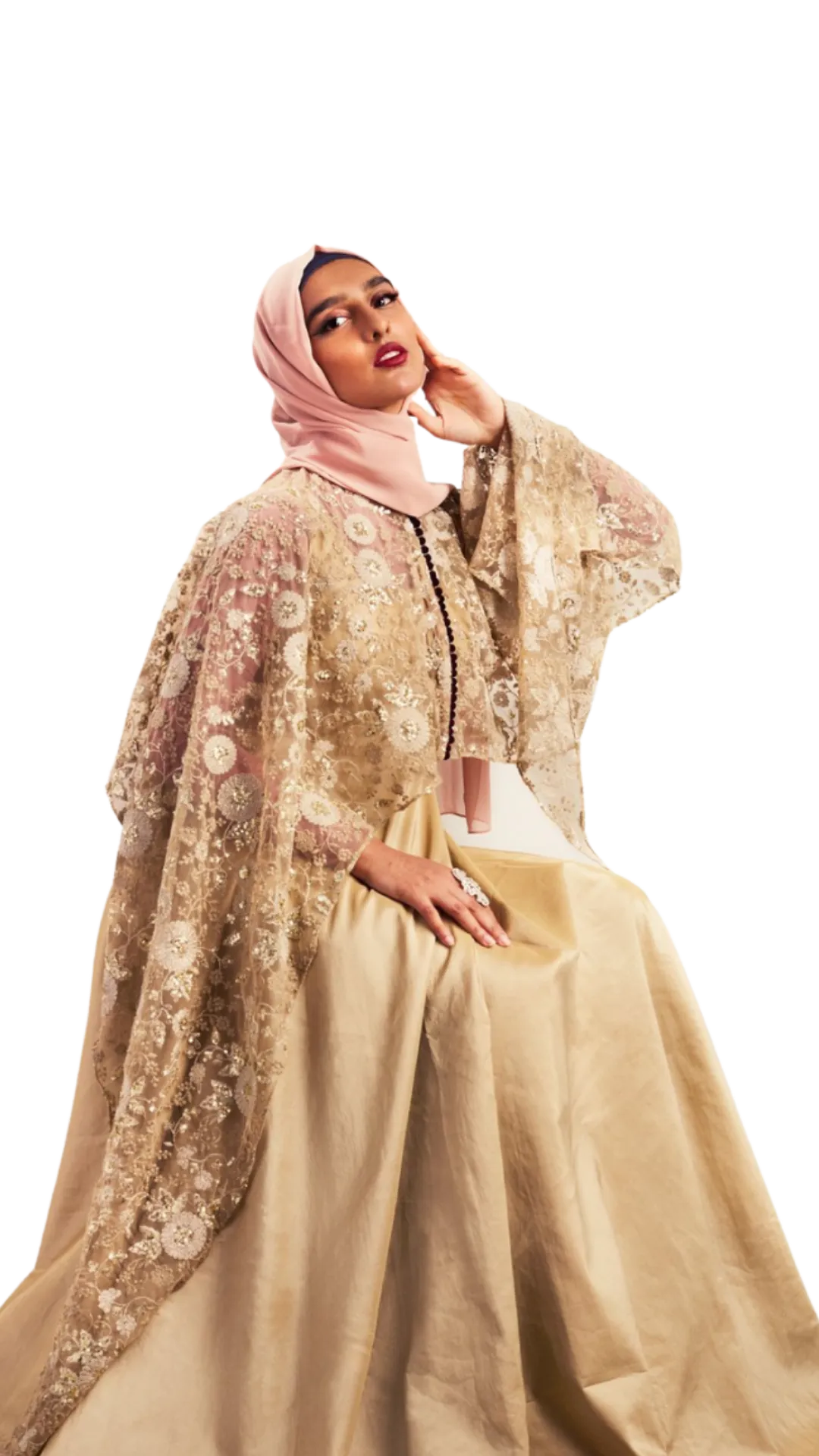 SAMPLE SALE: Champagne Lace Cape Gown