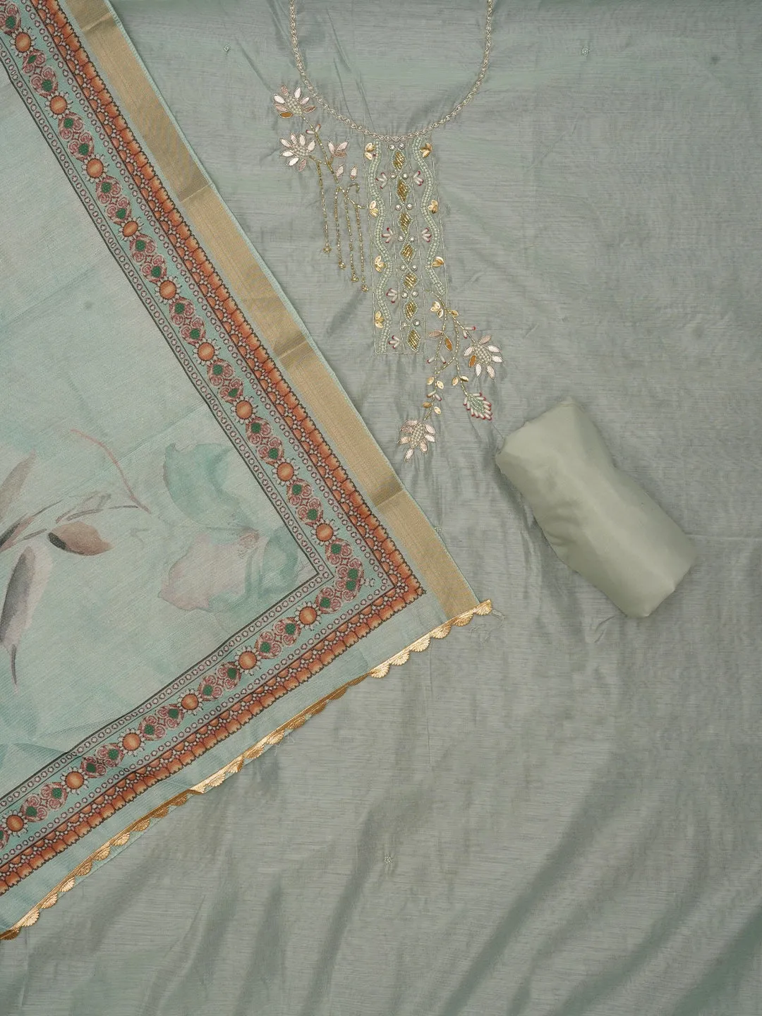 Sea Green Unstitched Zari Woven Design Cotton Dress Material with Dupatta