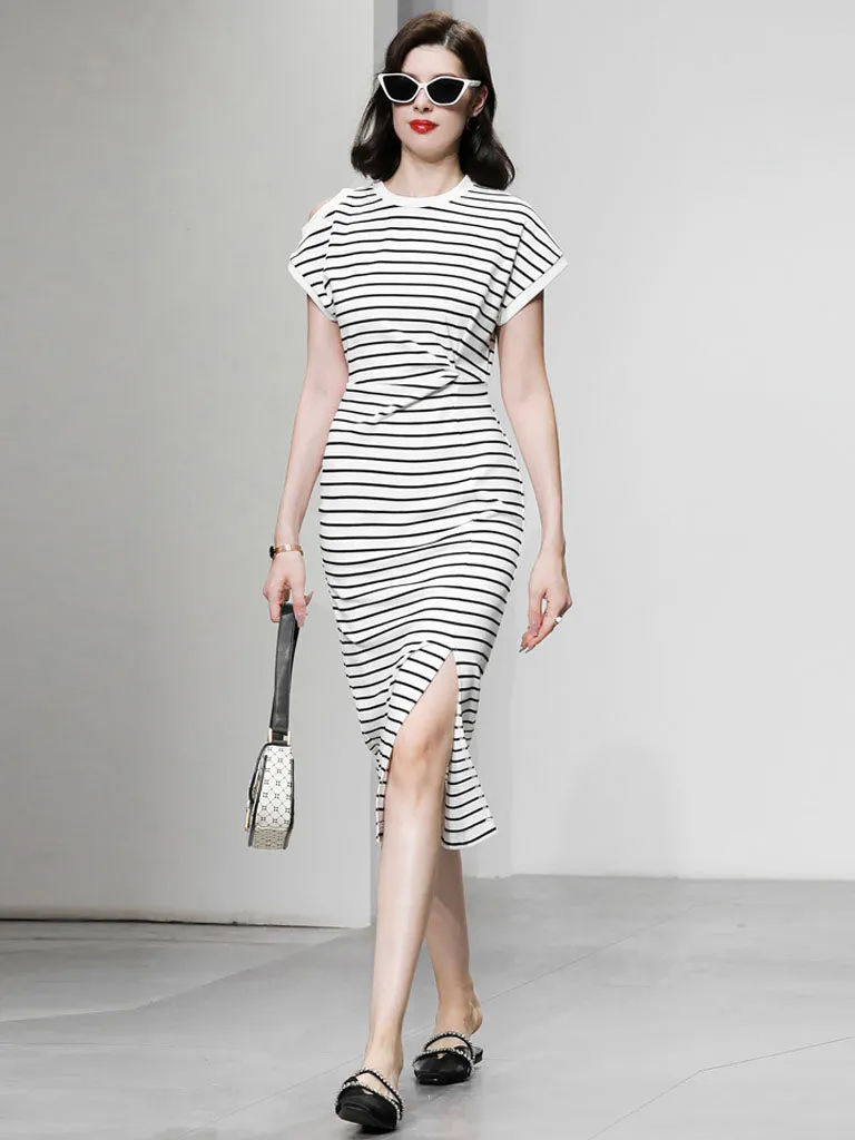 Striped Crew Neck Slit Casual Sexy Bodycon Dress