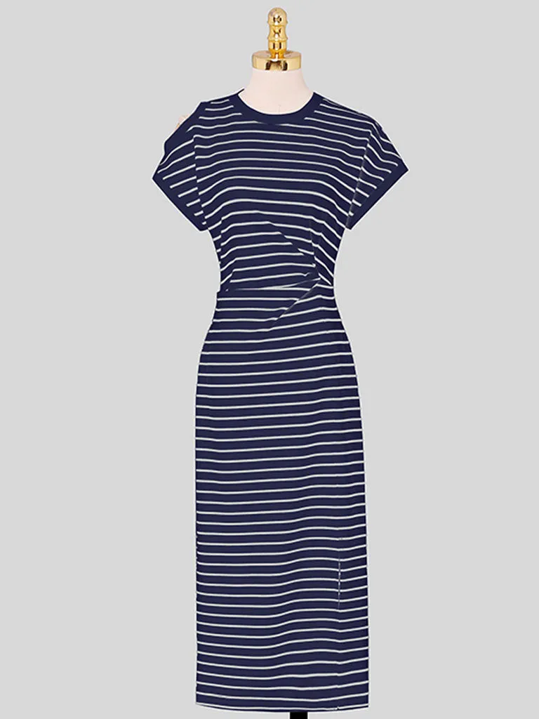Striped Crew Neck Slit Casual Sexy Bodycon Dress