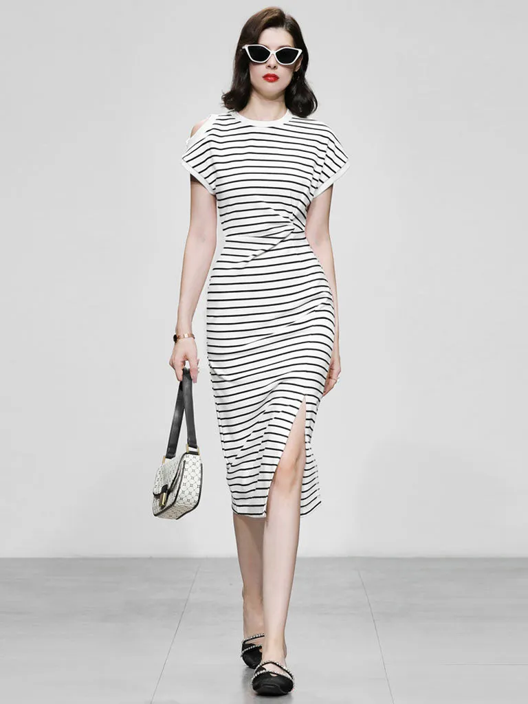 Striped Crew Neck Slit Casual Sexy Bodycon Dress