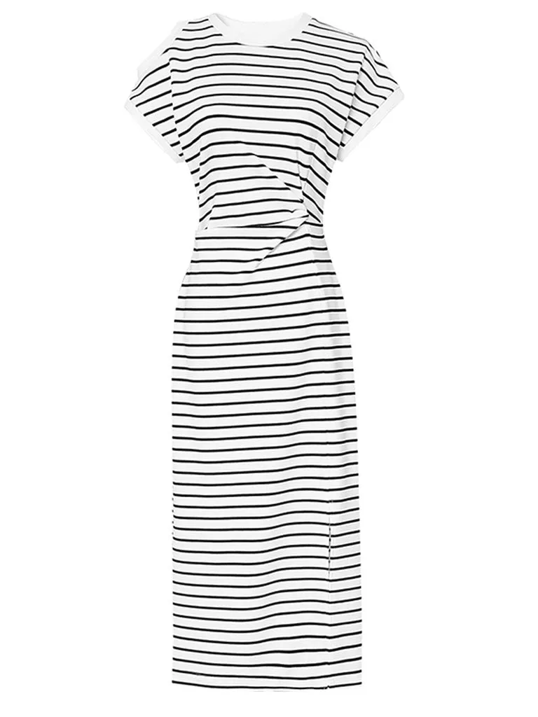 Striped Crew Neck Slit Casual Sexy Bodycon Dress