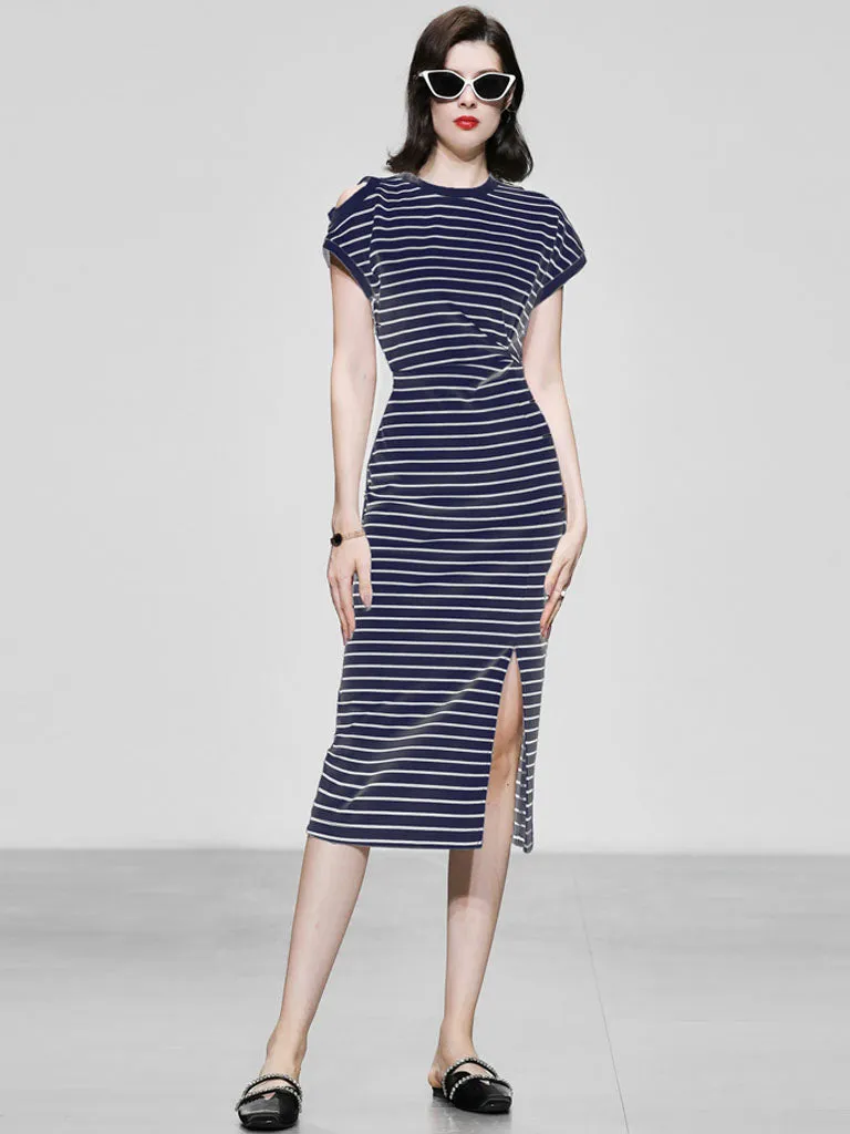 Striped Crew Neck Slit Casual Sexy Bodycon Dress