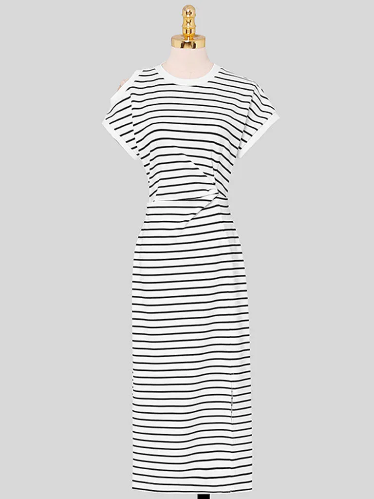 Striped Crew Neck Slit Casual Sexy Bodycon Dress