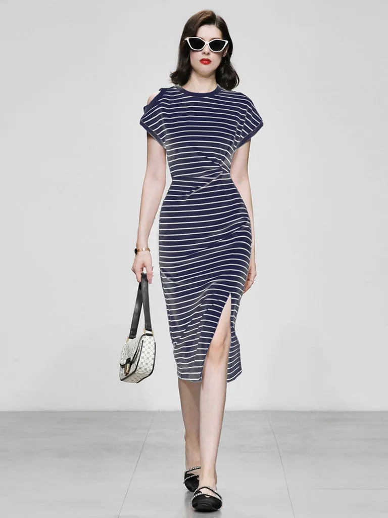 Striped Crew Neck Slit Casual Sexy Bodycon Dress