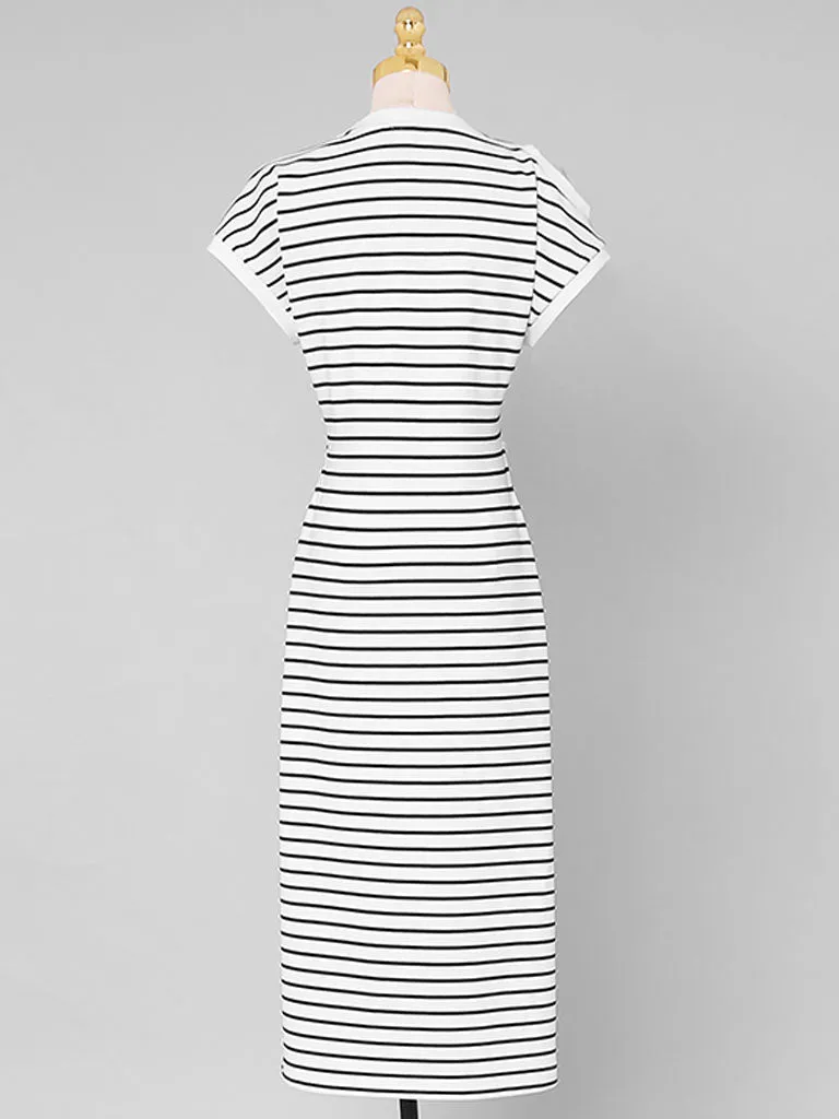 Striped Crew Neck Slit Casual Sexy Bodycon Dress