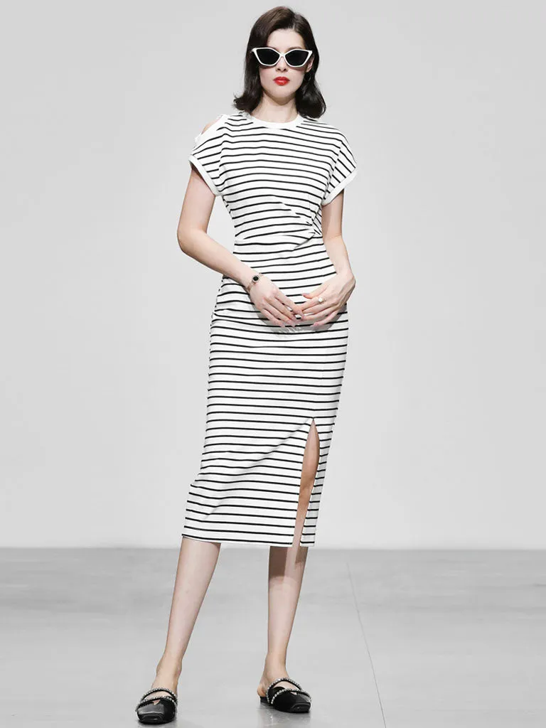Striped Crew Neck Slit Casual Sexy Bodycon Dress